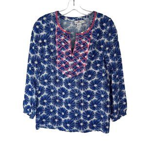 Vineyard Vines Blue White Floral Print Pink Beaded Split V-Neck Top XX-Small XXS
